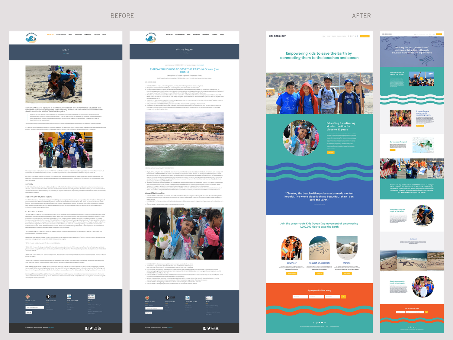 Kids Ocean Day website page comparison before and after redesign